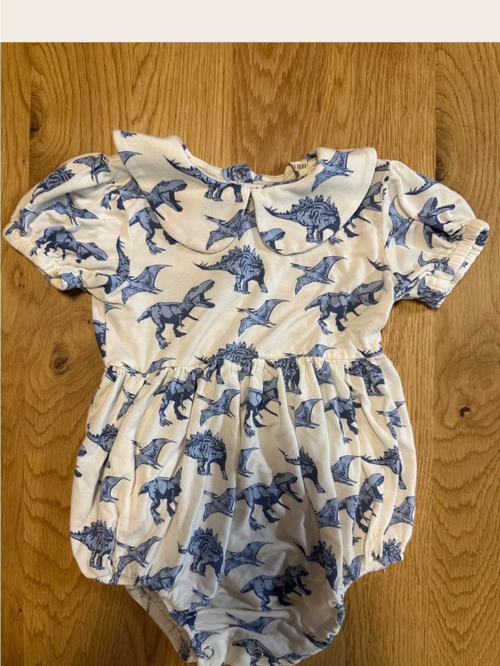 kate quinn Cream and Blue Dinosaur Print Baby Romper